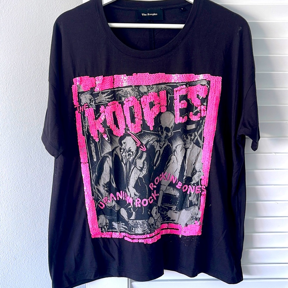 The Kooples rocking Bones pink sequined tshirt